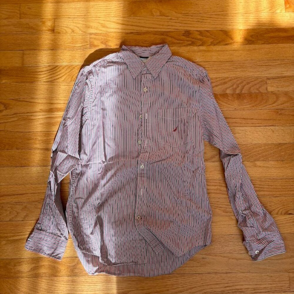 Nautica Men's Small Dress Shirt Red/Blue/White Striped